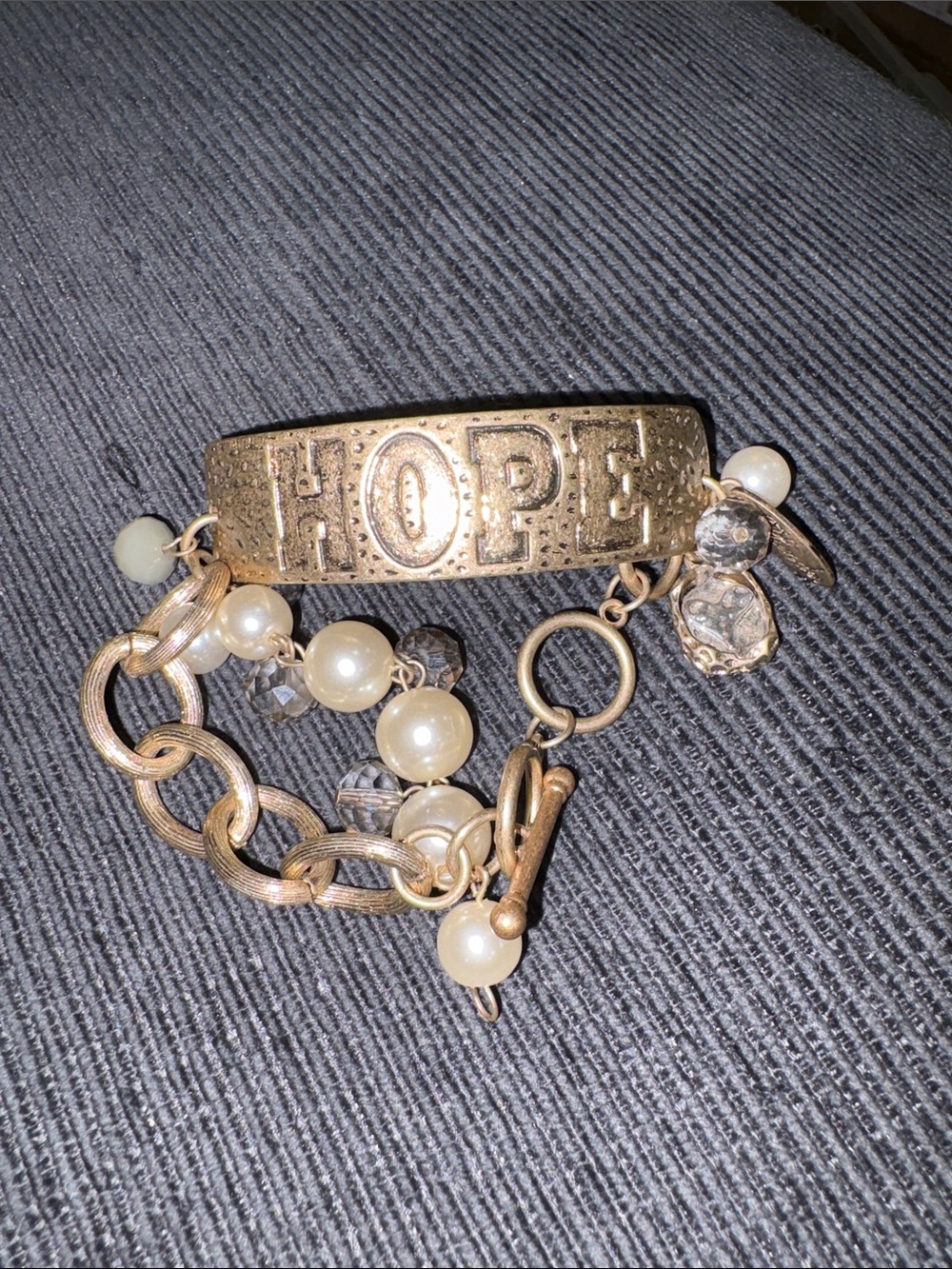 18-Gold Tone "Hope" Charm Bracelet with Pearls